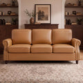 Kingfun Mid-Century Modern Couch, Faux Leather Sofa, 3 Seater Couch for Living Room with Rolled arms & Nailhead Trim