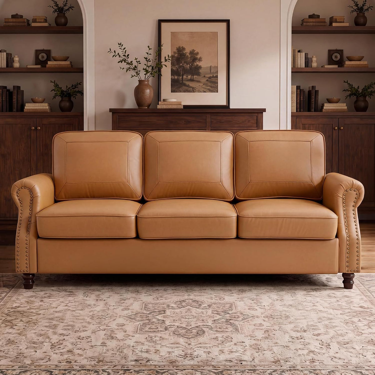 Kingfun Mid-Century Modern Couch, Faux Leather Sofa, 3 Seater Couch for Living Room with Rolled arms & Nailhead Trim