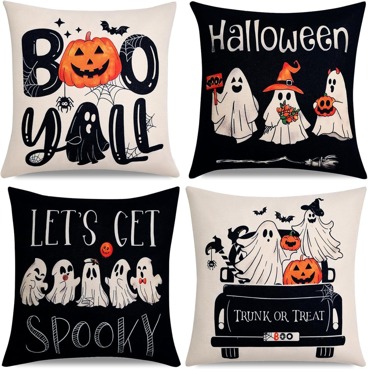 Ghost Halloween Decor-Throw Pillow Covers 20x20 in,Spooky Gothic Linen Pillow Case for Couch Fall Christmas - Set of 4