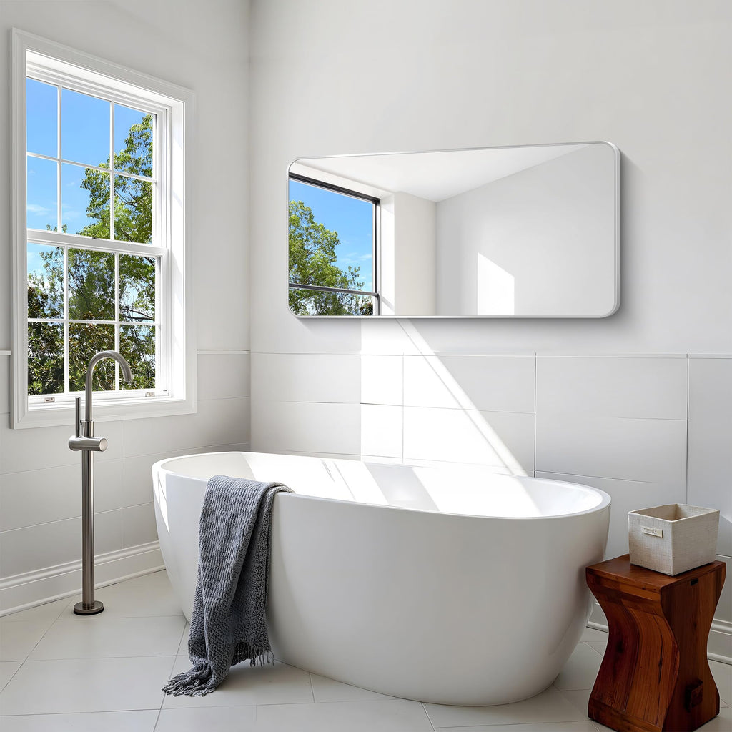 Silver Bathroom Mirror,24x48 inch Wall Mirror Wall Mounted,Rectangle Mirror Over Sink,Modern Frame Round Corner