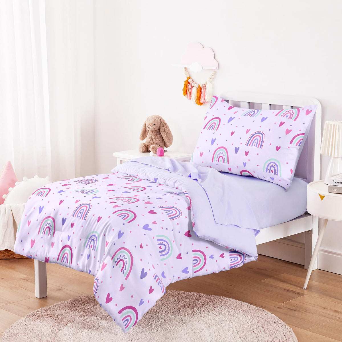 Toddler Bedding Set for Girls, Dreamy Cute Rainbow Heart, 4 Pieces Soft Crib Bed Set Including Comforter, Sheets and