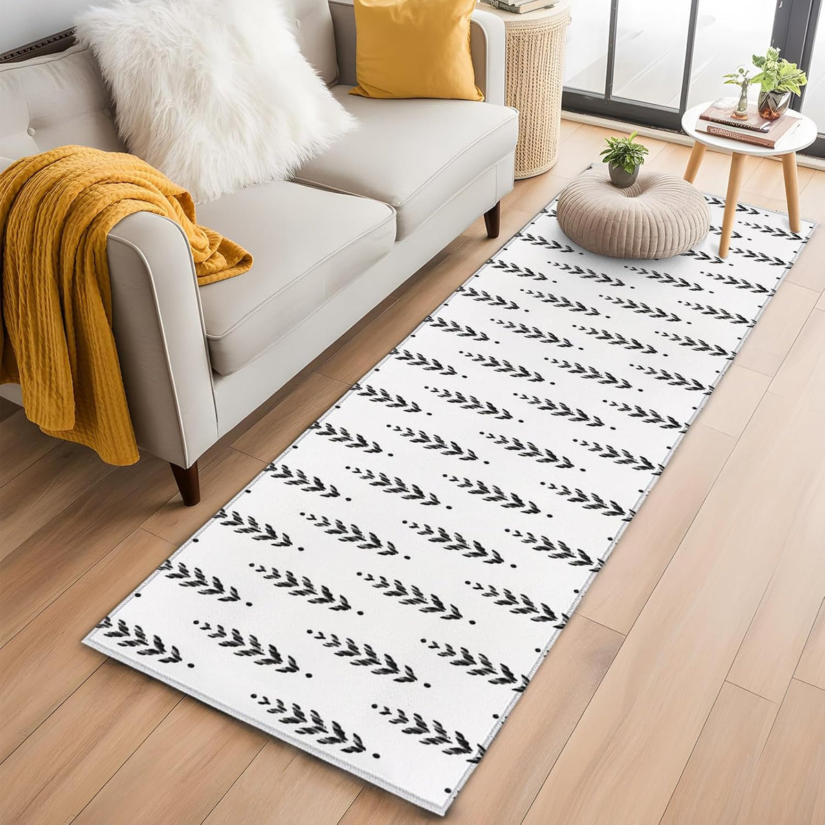 Washable Botanical Leaf Area Rug, Scandinavian Style, Non-Slip