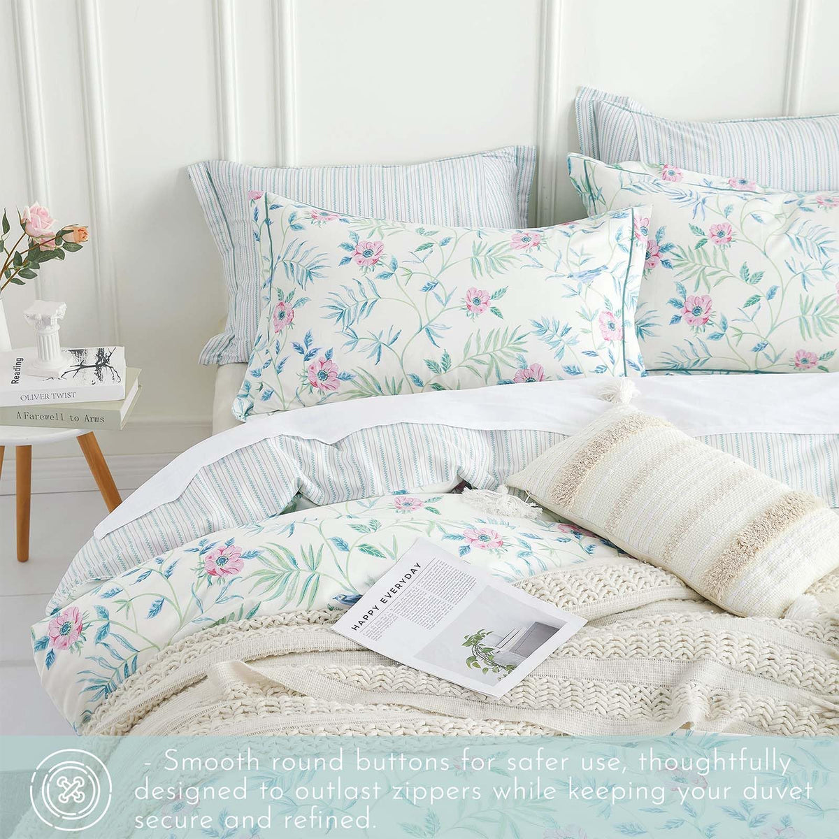 Fresh White & Aqua Botanical Cotton Duvet Cover Set 3PC