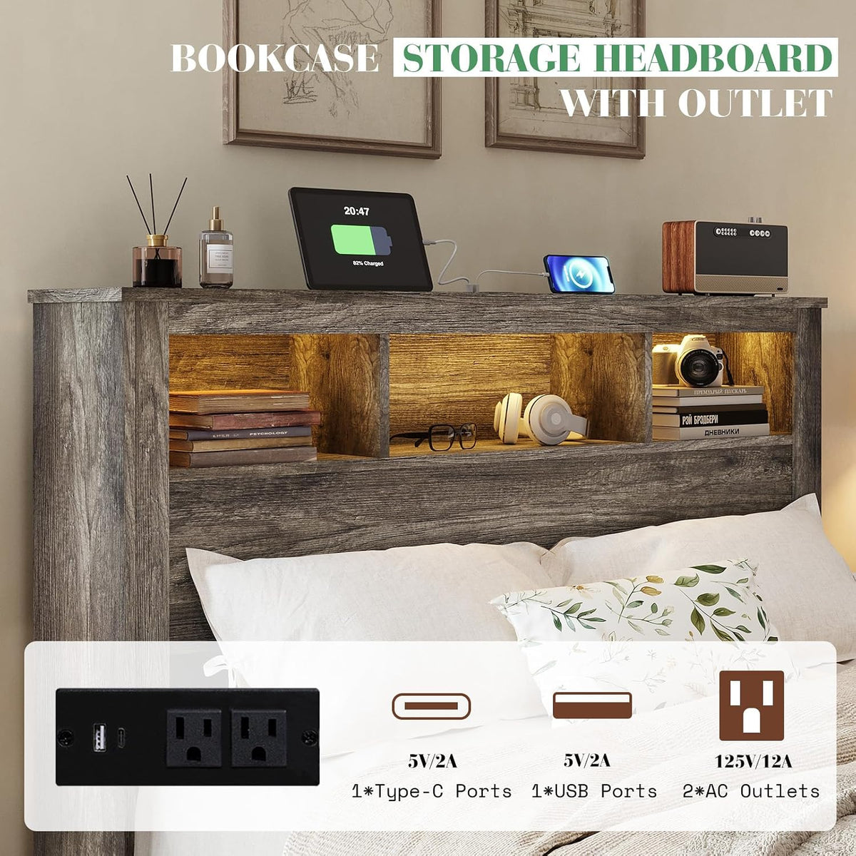 King Bed Frame with 47.2” Bookcase Storage Headboard & Footboard, Farmhouse Wooden Platform Bed with LED Light & Charging Station, No Box Spring Needed, Noise Free, Rustic Gray