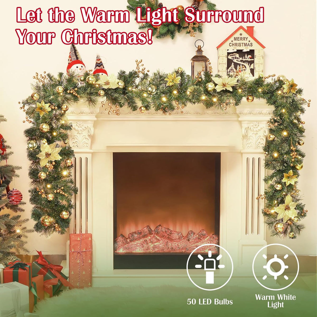 9FT Prelit Christmas Garland for Mantle, Gold Poinsettia, 50 LED