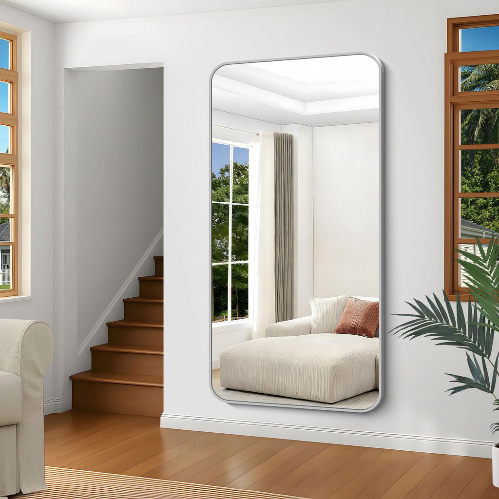 Silver Bathroom Mirror, 72 x 36 Inch Large Rectangle Mirror, Rectangular Vanity Mirror Aluminum Metal Frame, Rounded