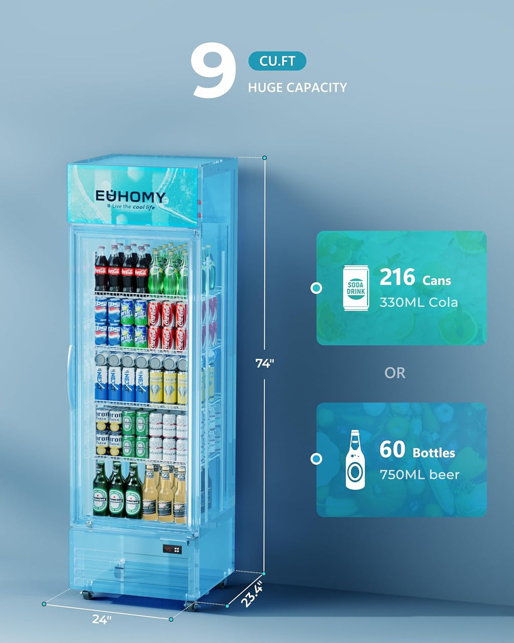 Commercial Display Refrigerator, 9 Cu.Ft Glass Door Merchandiser Drink Fridge with Soft LED Light Adjustable Shelves