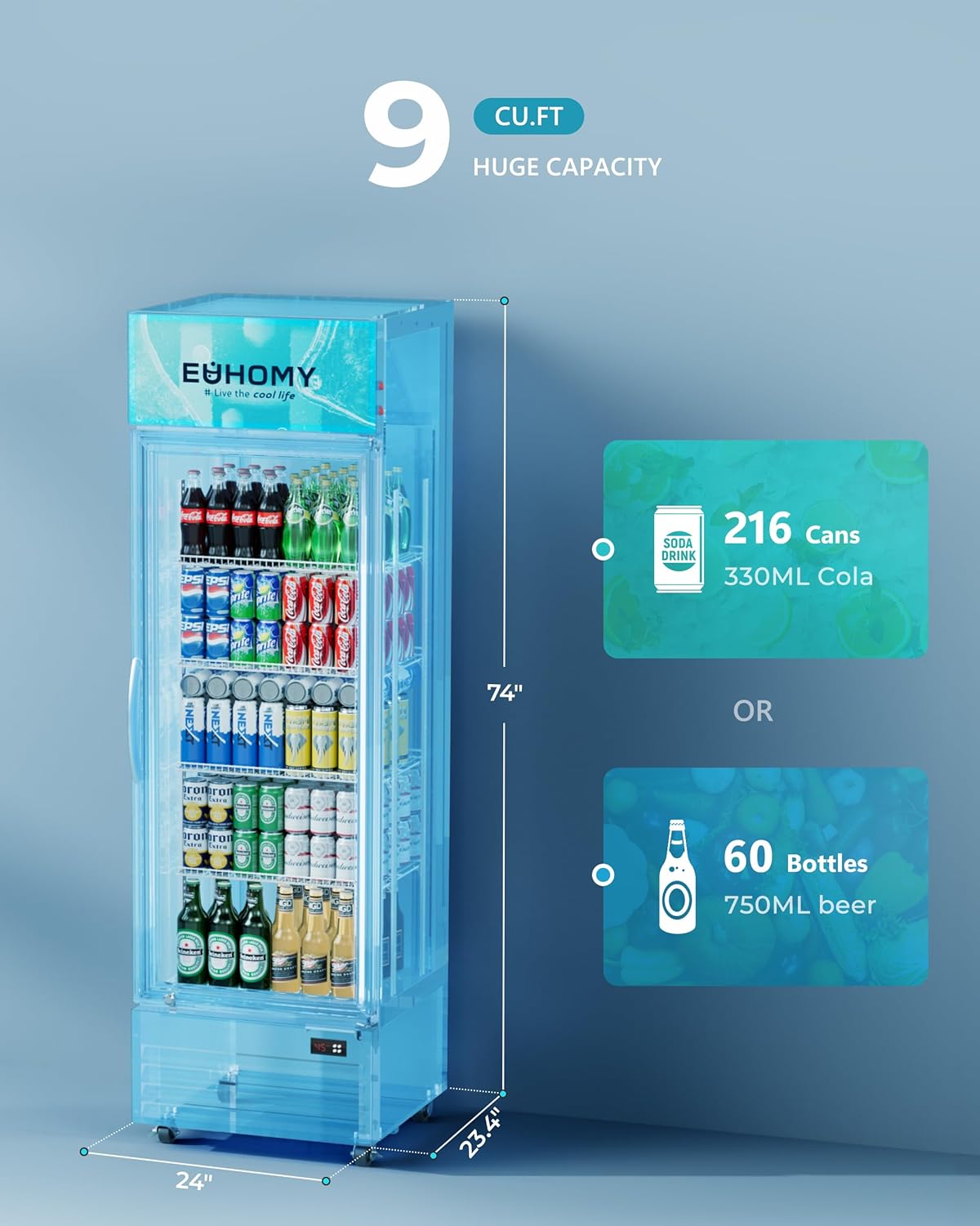 Commercial Display Refrigerator, 9 Cu.Ft Glass Door Merchandiser Drink Fridge with Soft LED Light Adjustable Shelves