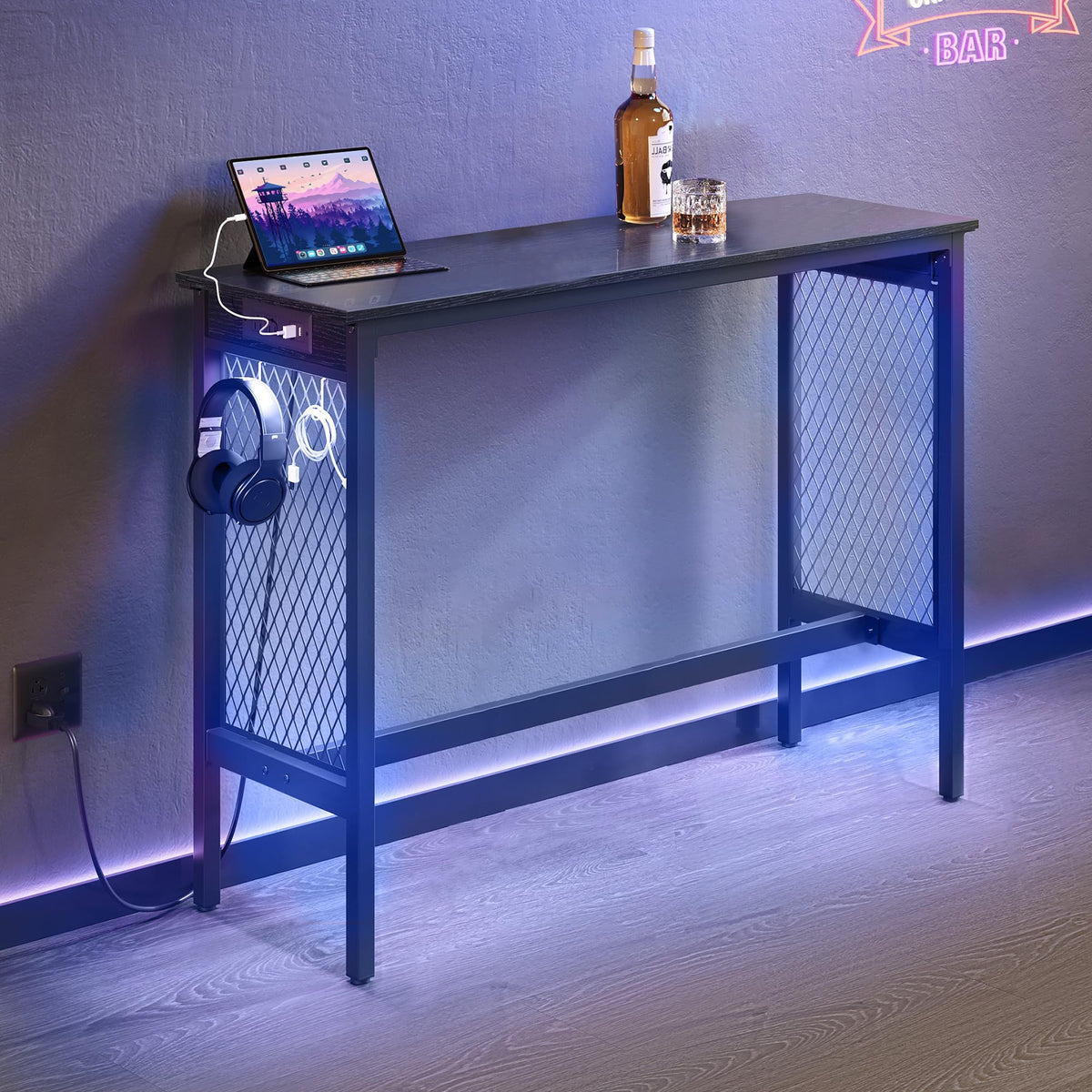 Bar Table with Power Outlets, LED Lights, Computer Desk, 47.2" L