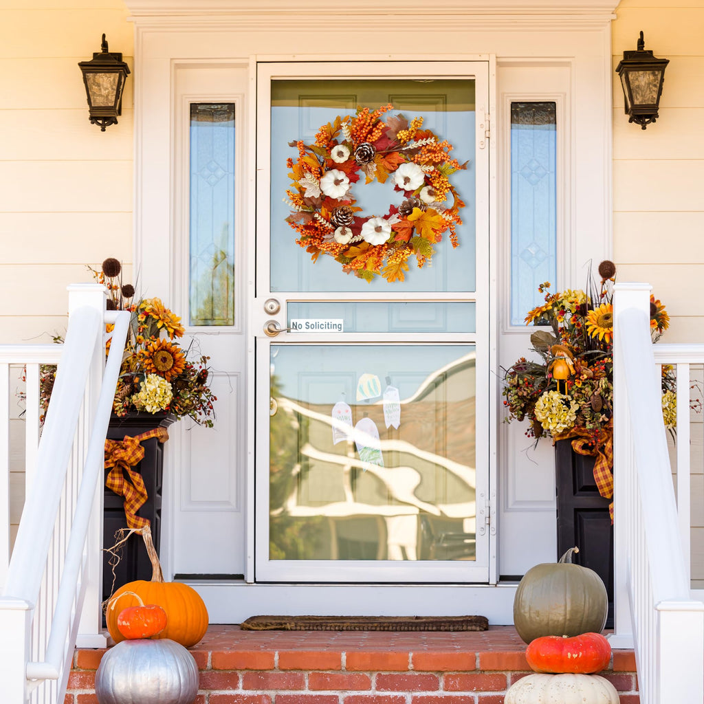 Fall Wreath 20'' Autumn Front Door Wreath Harvest Wreath with White Pumpkins Berries Maple Leaves Pine Cones Grain
