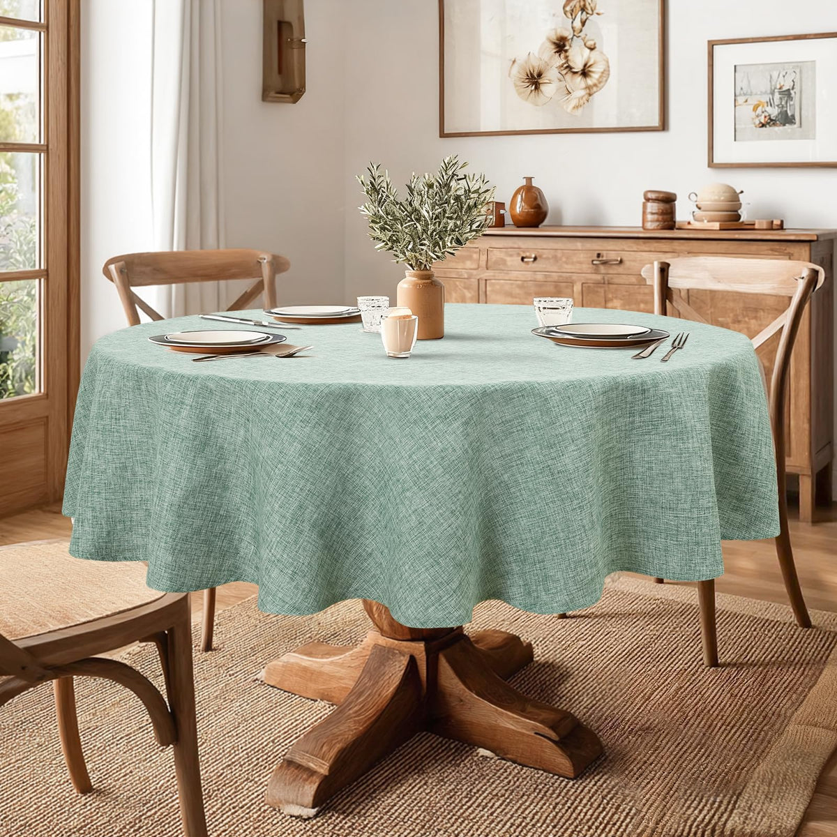 Round Tablecloth Linen Textured Wrinkle Stain Resistant Farmhouse Table Cloth Decorative Fabric, Dining, Party