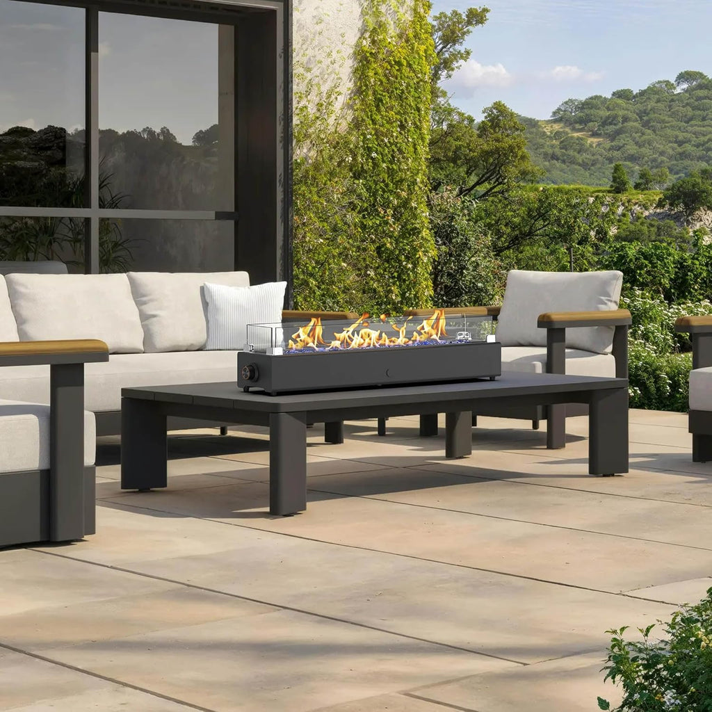 36-inch Table Top Propane Fire Pit, 40,000 BTU Tabletop Firepit for Patio, Outdoor Portable Rectangular Fire Bowl w/Wind Glass Shield, Glass Rocks