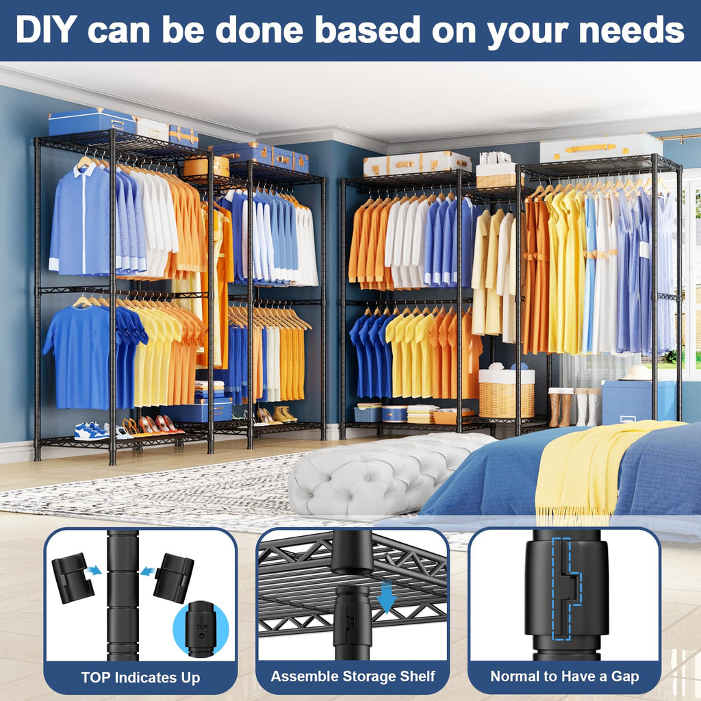 E12 Pro Clothes Rack,Heavy Duty Freestanding Garment Rack with Shelves,Metal Clothing Closet Storage System for