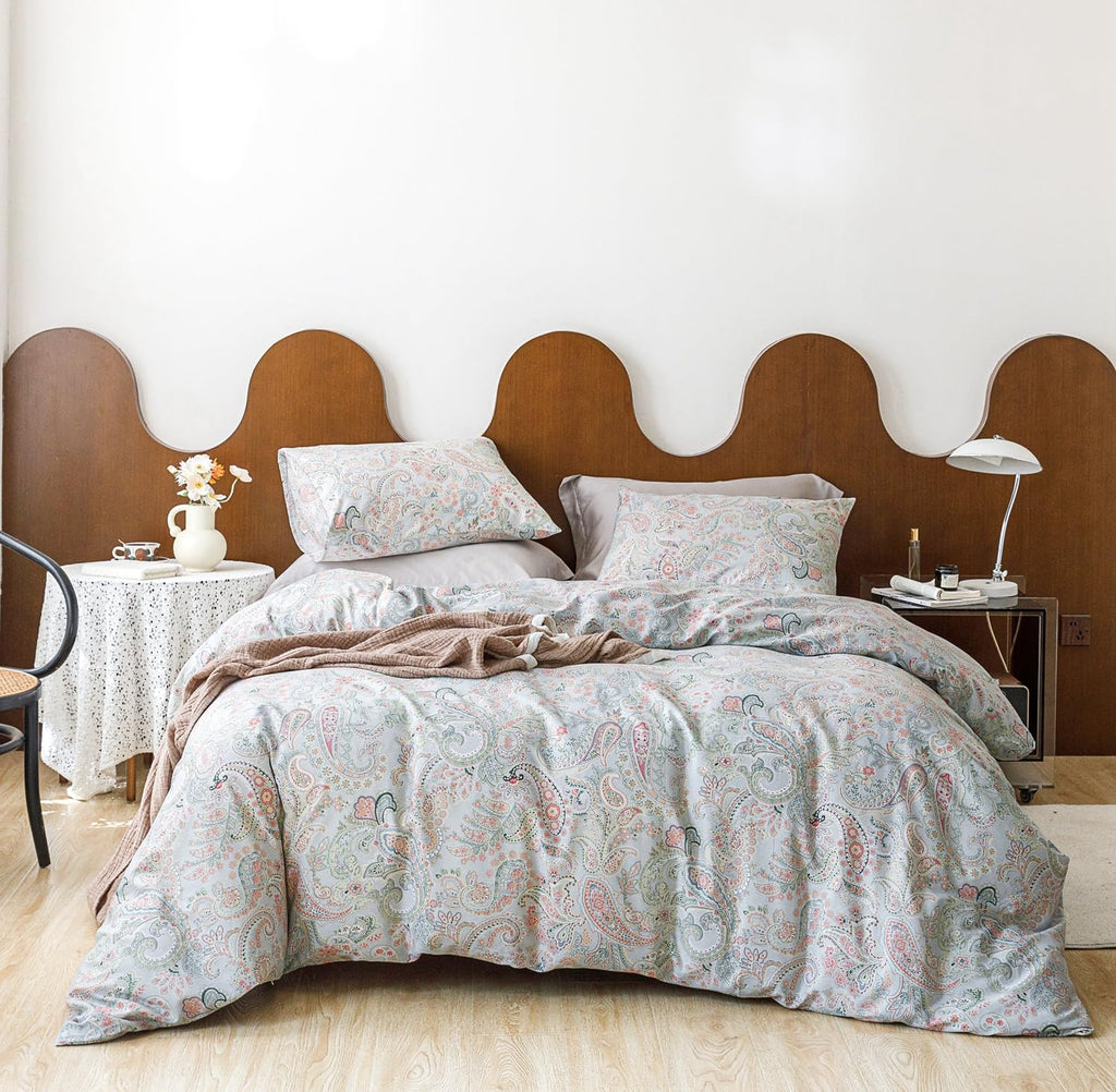 Pink Green Paisley Duvet Cover King 100% Cotton 3 Pieces Set