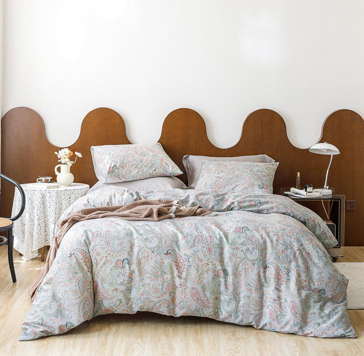 Pink Green Paisley Duvet Cover King 100% Cotton 3 Pieces Set