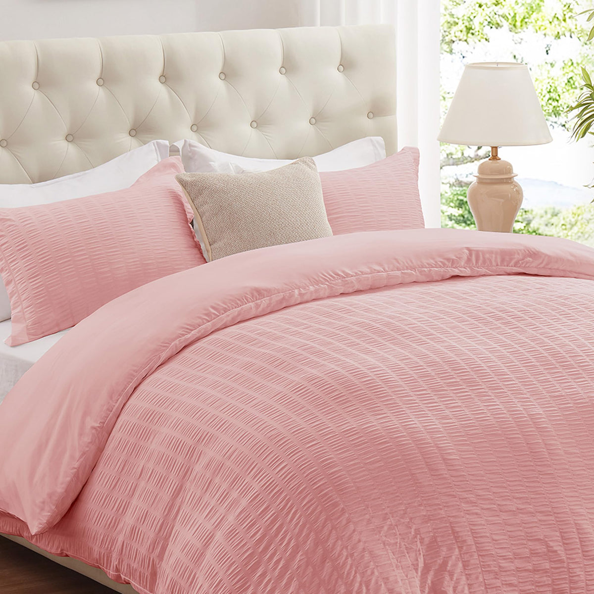 Duvet Cover, 3 Pieces Seersucker Duvet Cover Set, Pink