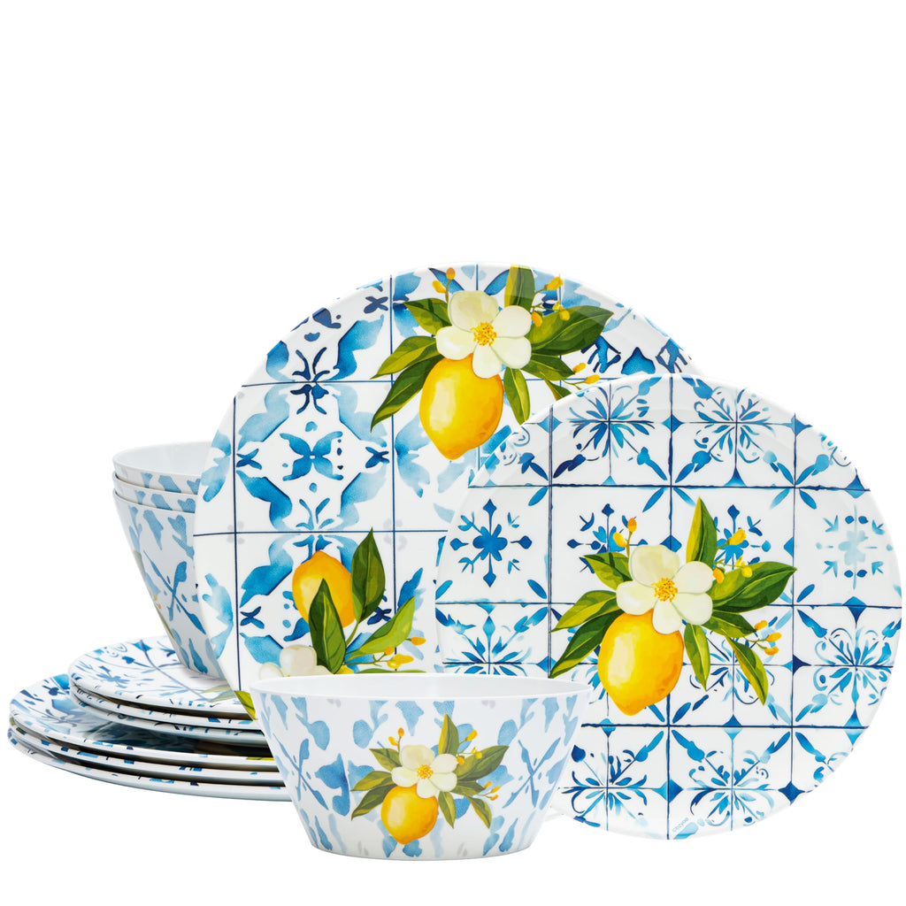 Melamine Dinnerware12 Piece Outdoor Indoor Set, Lemon Tiles