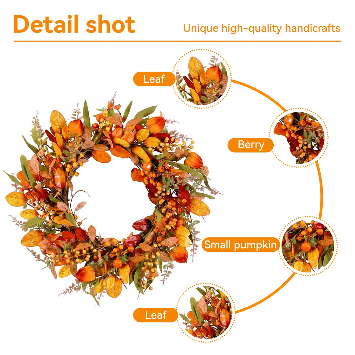 22" Fall Wreath for Front Door Pumpkin Artificial Wall Decor Autumn