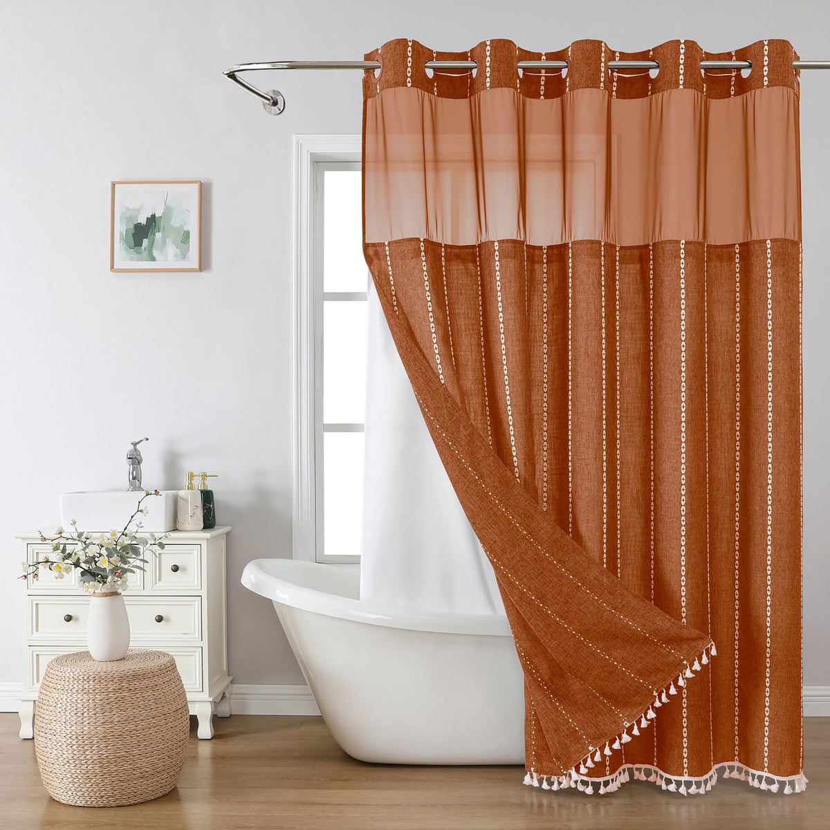 Extra Long No Hook Shower Curtain with Snap-in Liner, 71x86, Orange