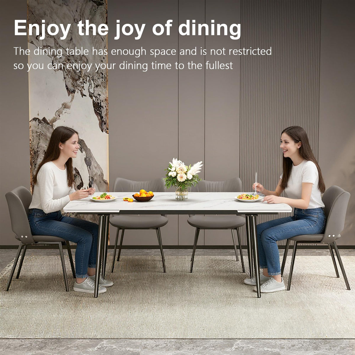 62.9"-94.4" Extendable Dining Table, White Sintered Stone Top