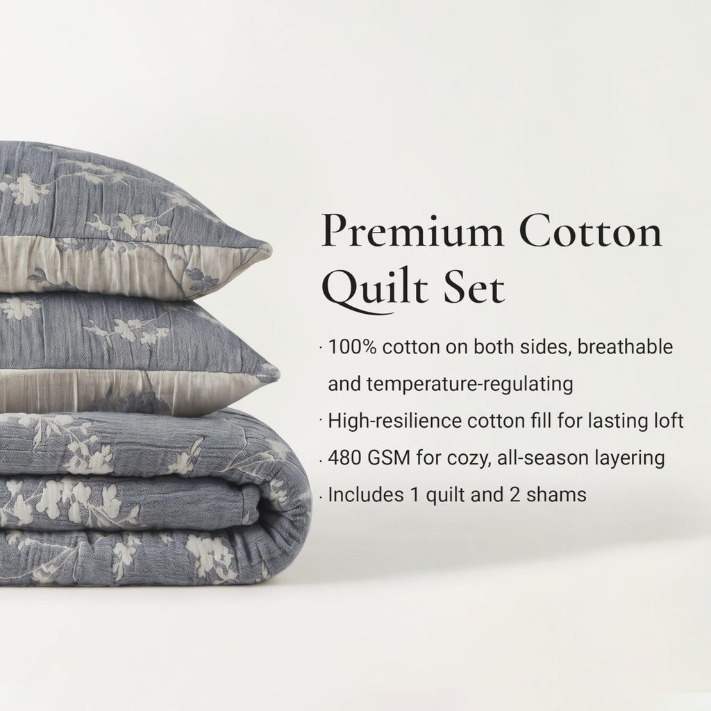Botanical Cotton Jacquard Quilt Set, Reversible Textured Floral Bedding, 480GSM All Season Bedspread Coverlet