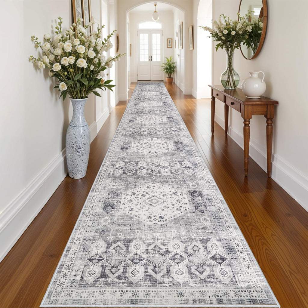 Washable Runner Rug - Extra Long Vintage Hallway Rugs with Non Slip Backing Soft Stain Resistant Carpet Bedroom