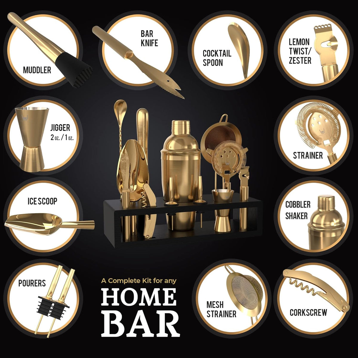 Bartender Kit with Espresso Bamboo Stand. Beautiful Cobbler Cocktail Shaker Set with Bar Tools Rustproof Stainless - Set of 13