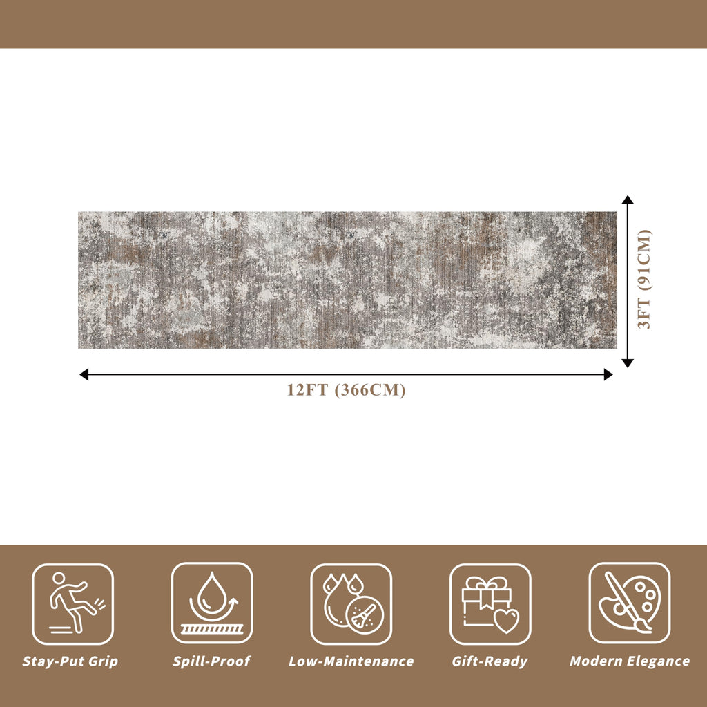 3x12 ft Long Hallway Runner Rug - Non-Slip Washable Carpet Runners Entryway Bathroom Modern Abstract Neutral Low-Pile