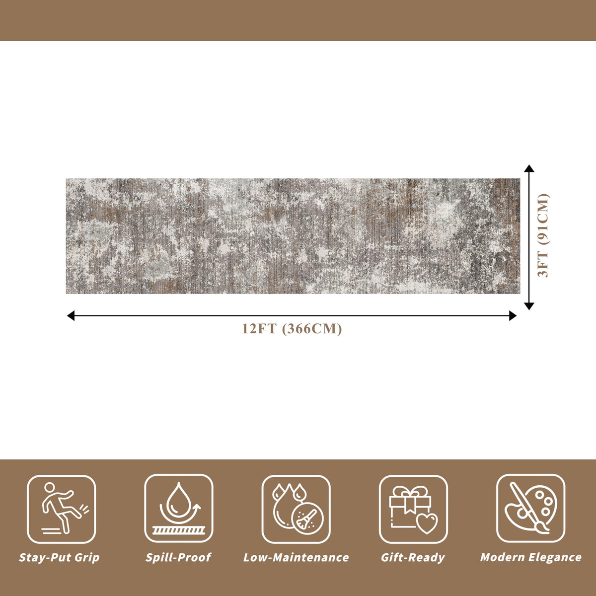 3x12 ft Long Hallway Runner Rug - Non-Slip Washable Carpet Runners Entryway Bathroom Modern Abstract Neutral Low-Pile