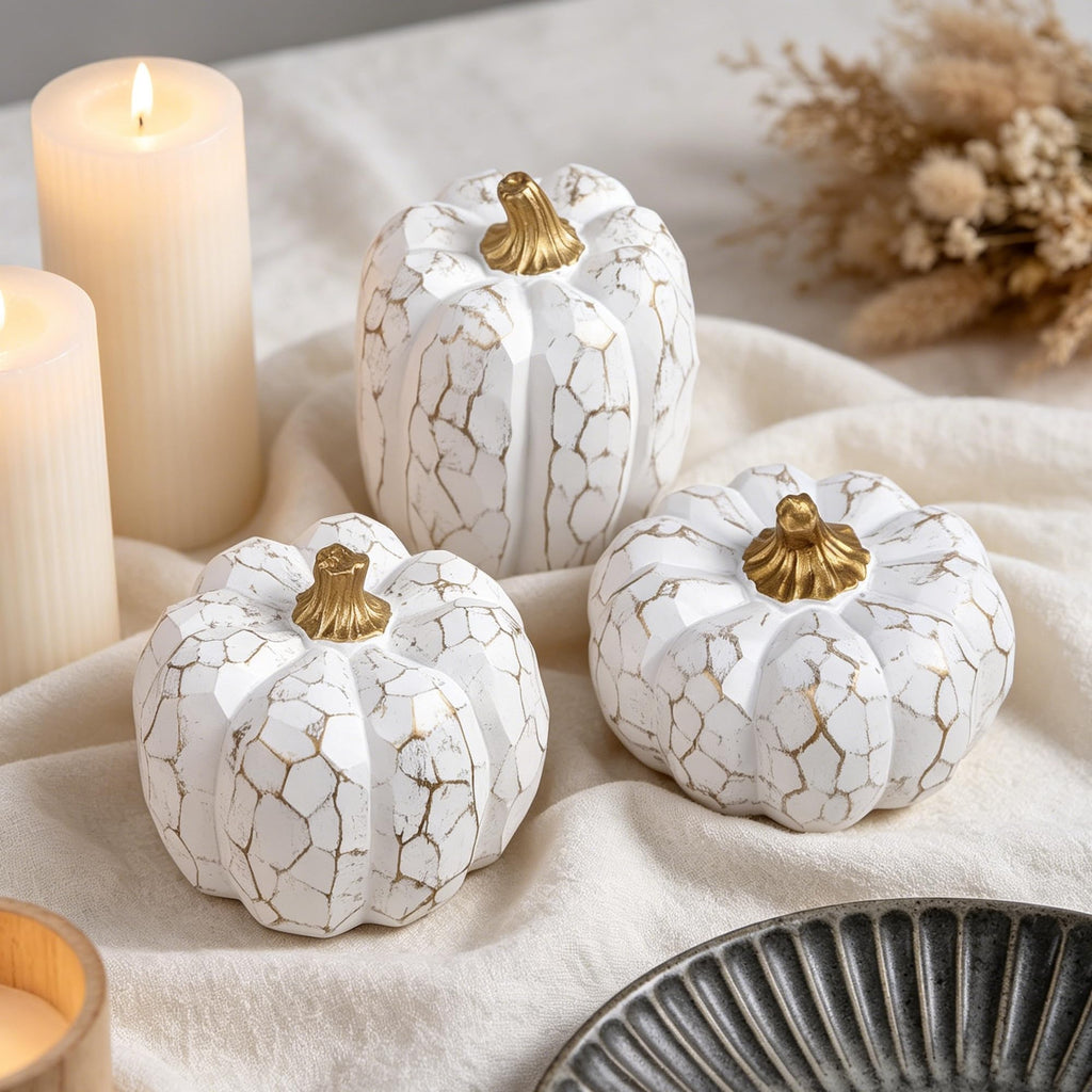 Set of 3 White Pumpkins Fall Decorations