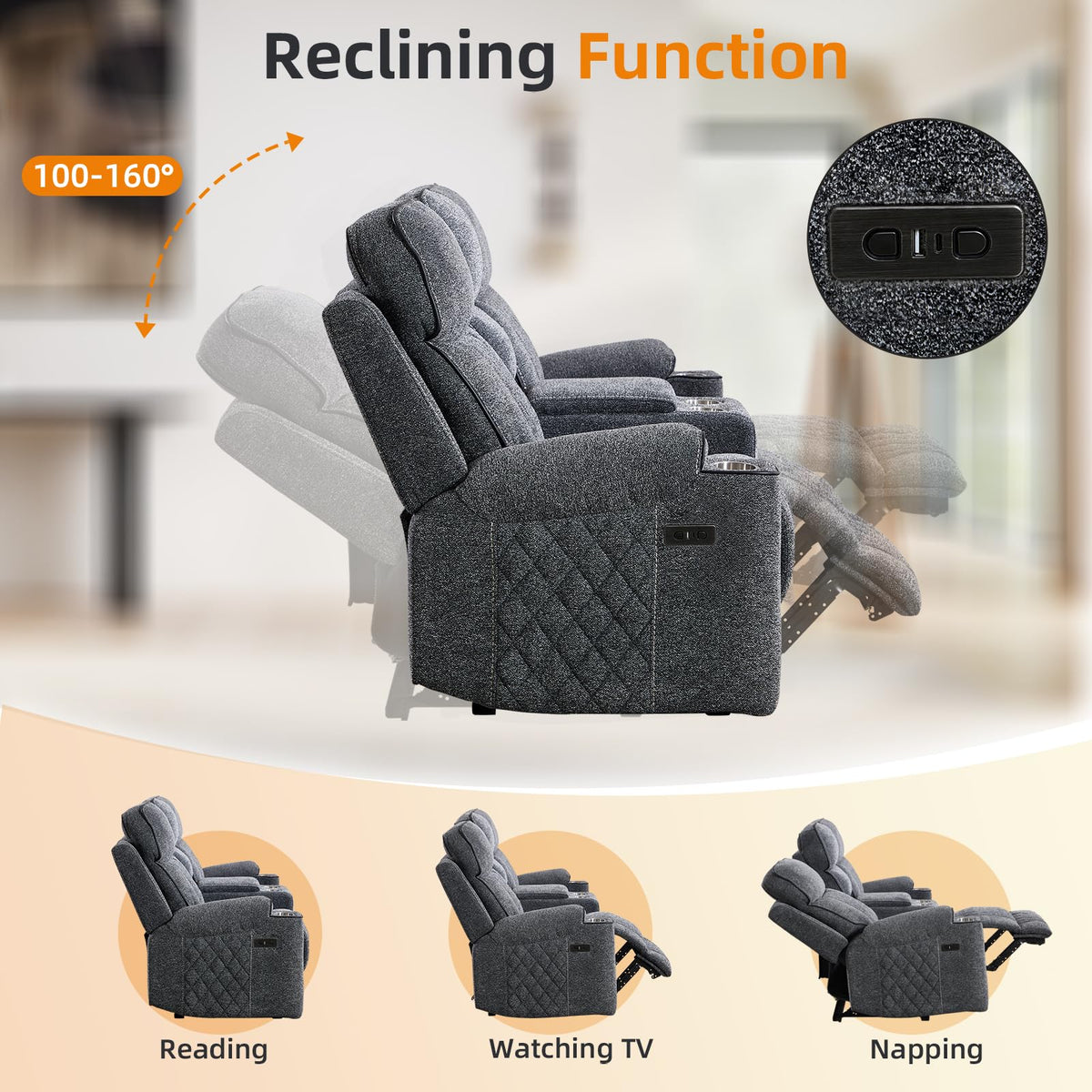 Power Reclining Sofa Set, Fabric Electric Recliner Loveseat and 3 Seater Sofa Couch with Cup Holders, USB Type-C