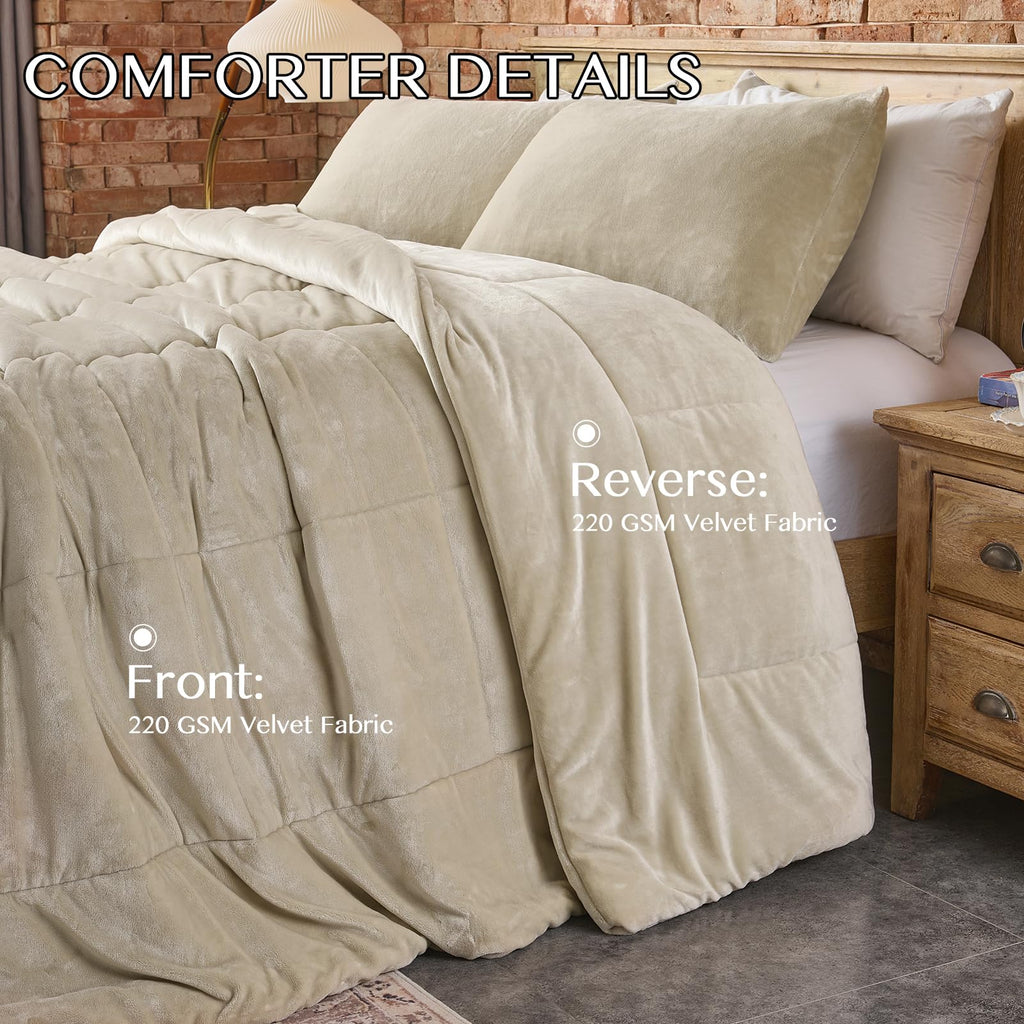 Comforter Set - Ultra Soft & Warm Velvet Khaki Comforter Set for Men Women - Cozy Fuzzy Plush Fluffy Luxury