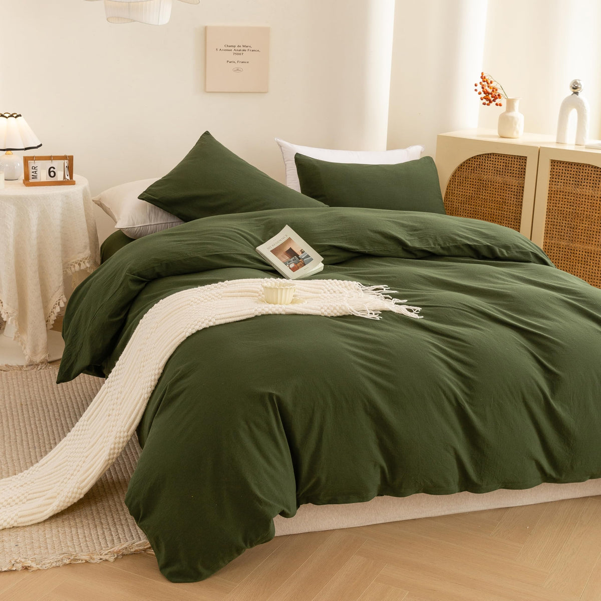 Cotton 3 Pcs Duvet Cover Set Linen Feel Avocado Green Queen