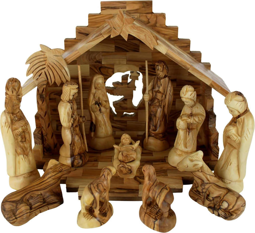 Olive Wood Nativity Set With Stable. Exquisite (14 Pieces Set)