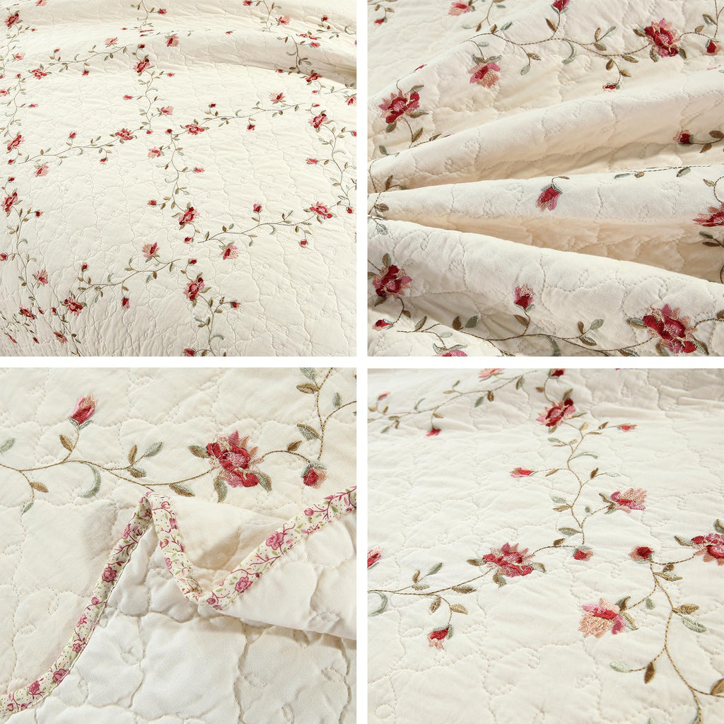 3-Piece Floral Embroidered Bedspread Coverlet Set Oversize 100% Cotton Reversible Patchwork 1 Quilt and 2