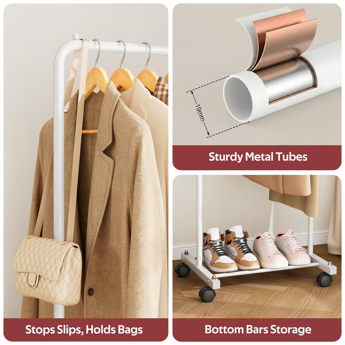 Small Clothing Rack with Wheels, Portable Clothes Racks for Hanging Clothes, 56" Metal Rolling Garment Rack for