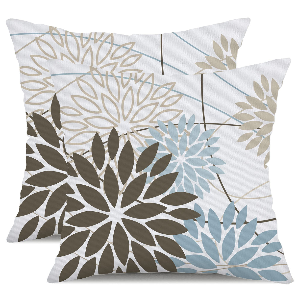 Brown Blue Floral Outdoor Pillow Covers 18x18 Set of 2 Waterproof