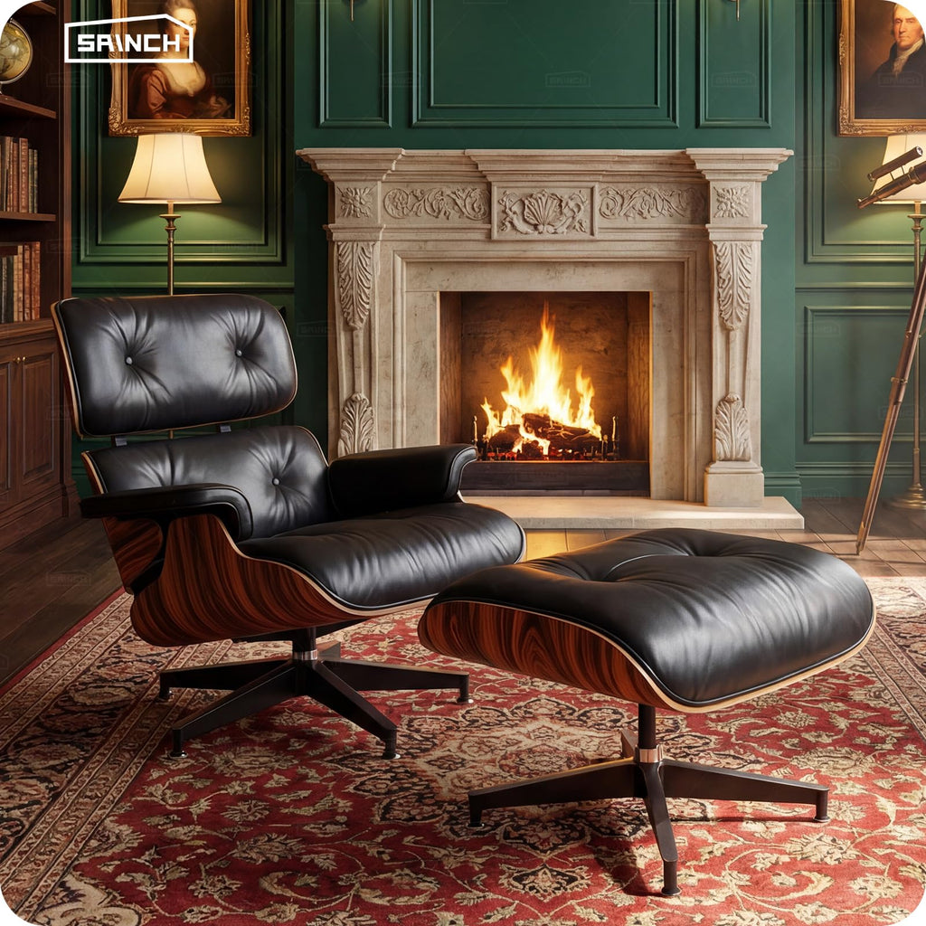 Mid Century Modern Top Grain Leather Chaise Lounge Chair & Ottoman