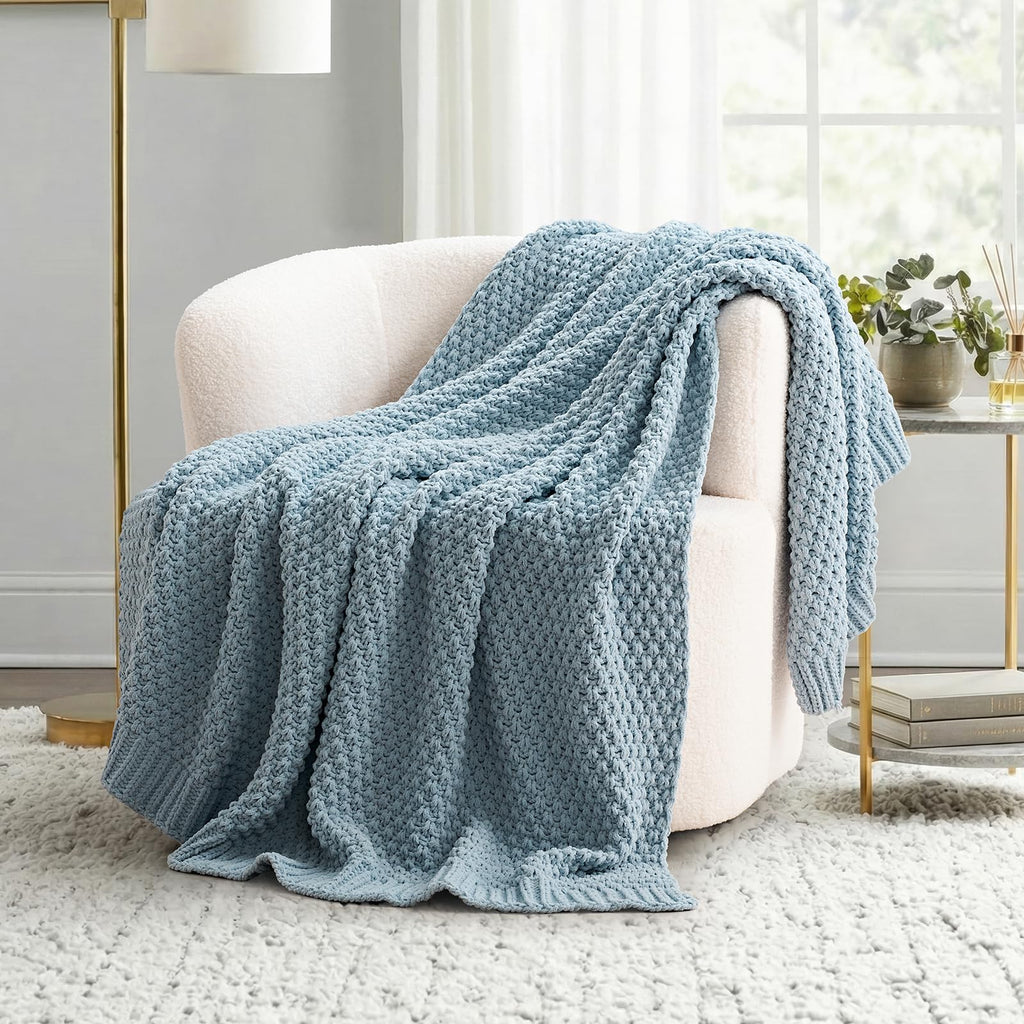 Chunky Chenille Knit Throw Blanket, 50 x 60, Chambray Blue