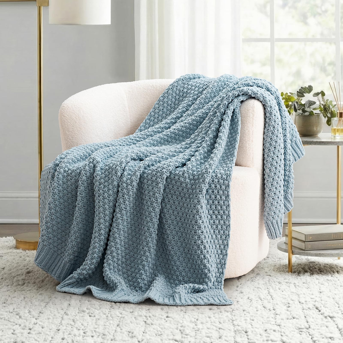 Chunky Chenille Knit Throw Blanket, 50 x 60, Chambray Blue