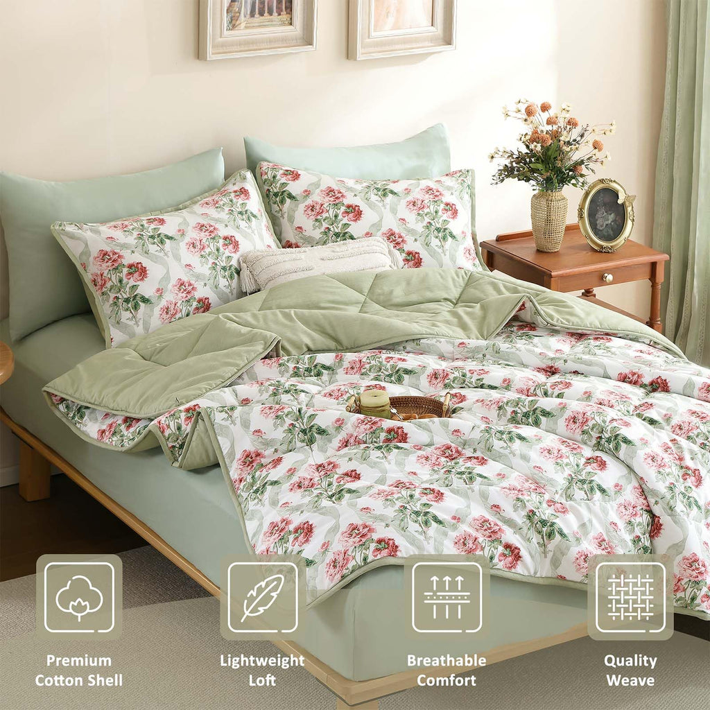 French Country Floral Cotton Queen Comforter Set 3 Piece - Blush Peony Botanical with Sage Leaves & Ribbon on White