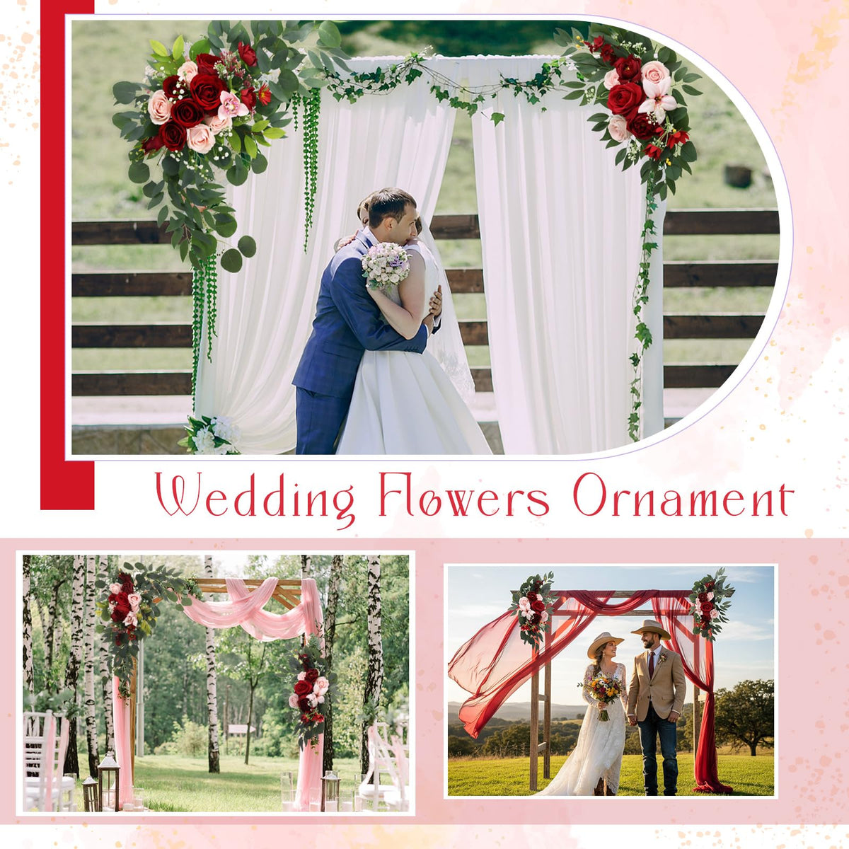 4 Pcs Fall Wedding Arch Flower Artificial Faux Floral Swag, Rose Red