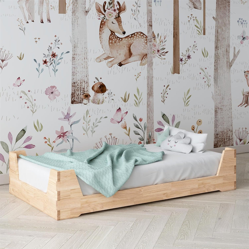 Maverick Montessori Toddler Floor Bed with 2 Heights, Natural Wood Grain