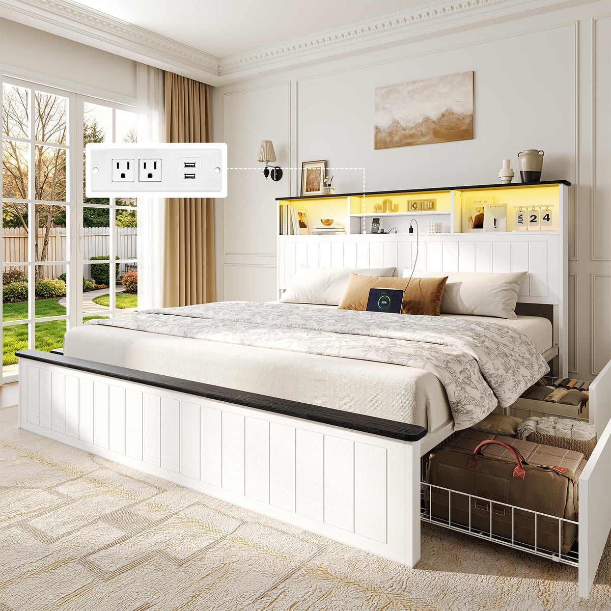 Bed Frame with Headboard - Farmhouse Wooden Bed Frame