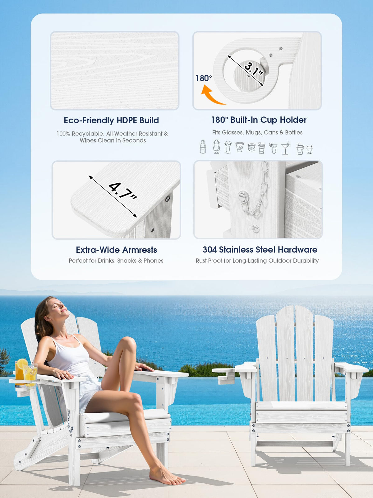 Adjustable Adirondack Chairs Set of 6, Folding Outdoor Chair, White