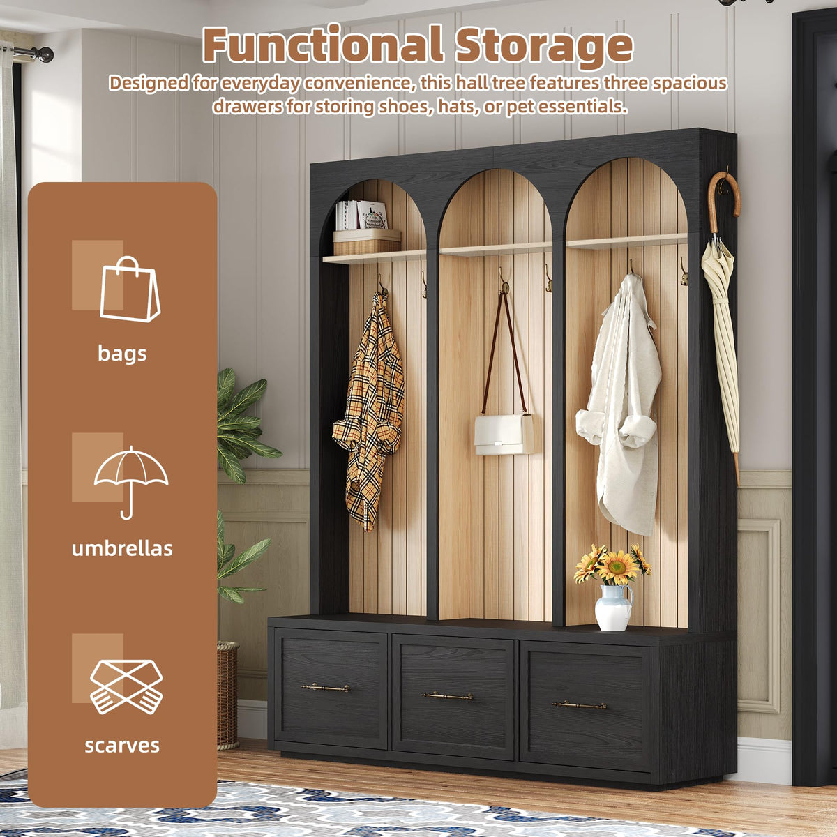 Farmhouse Wood Hall Tree with 8 Hooks and Shoe Bench, Mudroom Versatile Coat Racks with 3 Drawers, Entrance Organizer