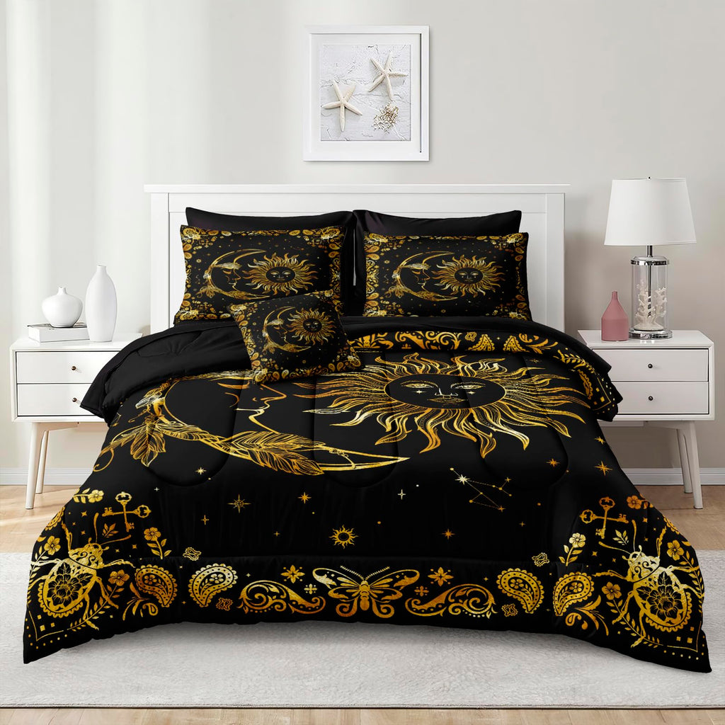 Black Gold Comforter Sets Sun and Moon Bedding Gold Stars Starry Sky Galaxy Theme Boho Chic Bedding Comforter Paisley