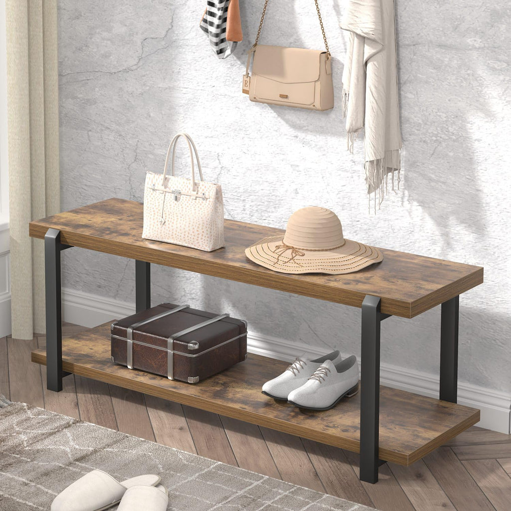 Entryway Bench, Industrial Shoe Storage Bench Bedroom, Rustic Brown