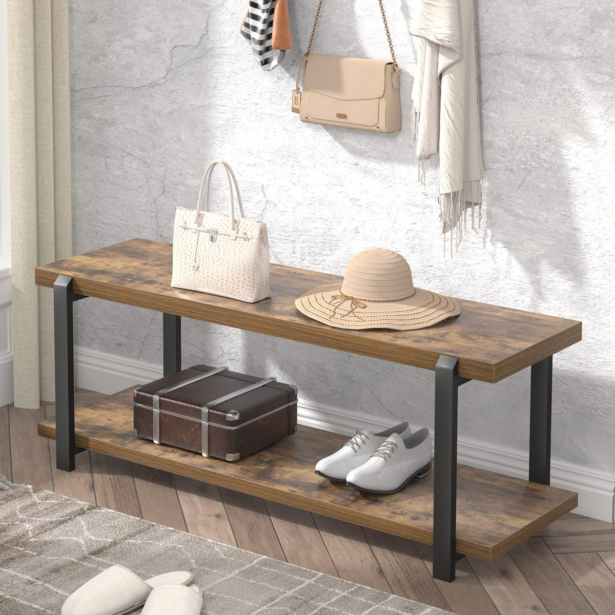 Entryway Bench, Industrial Shoe Storage Bench Bedroom, Rustic Brown