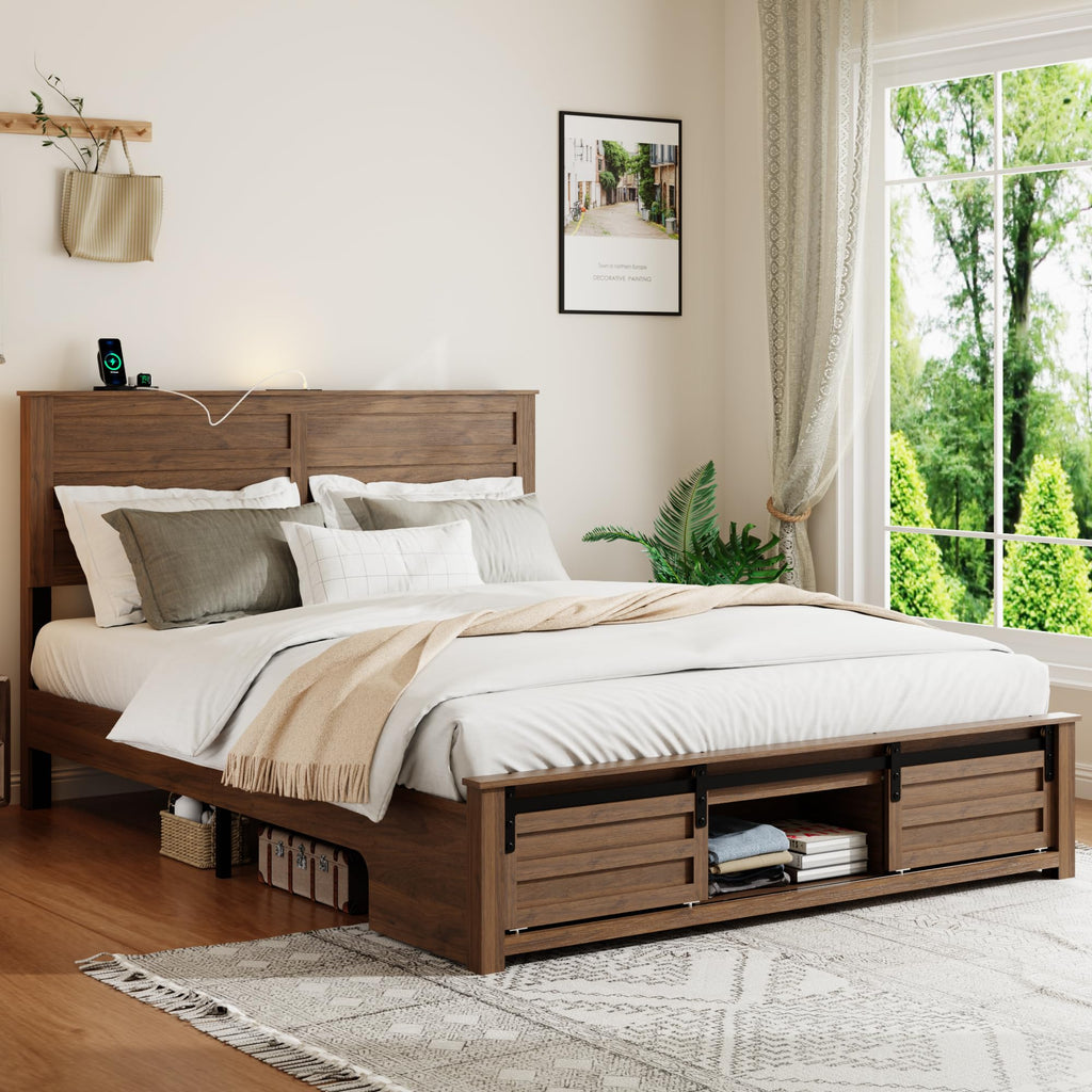 Wooden Bed Frame with Headboard, Farmhouse Storage, Barn Door